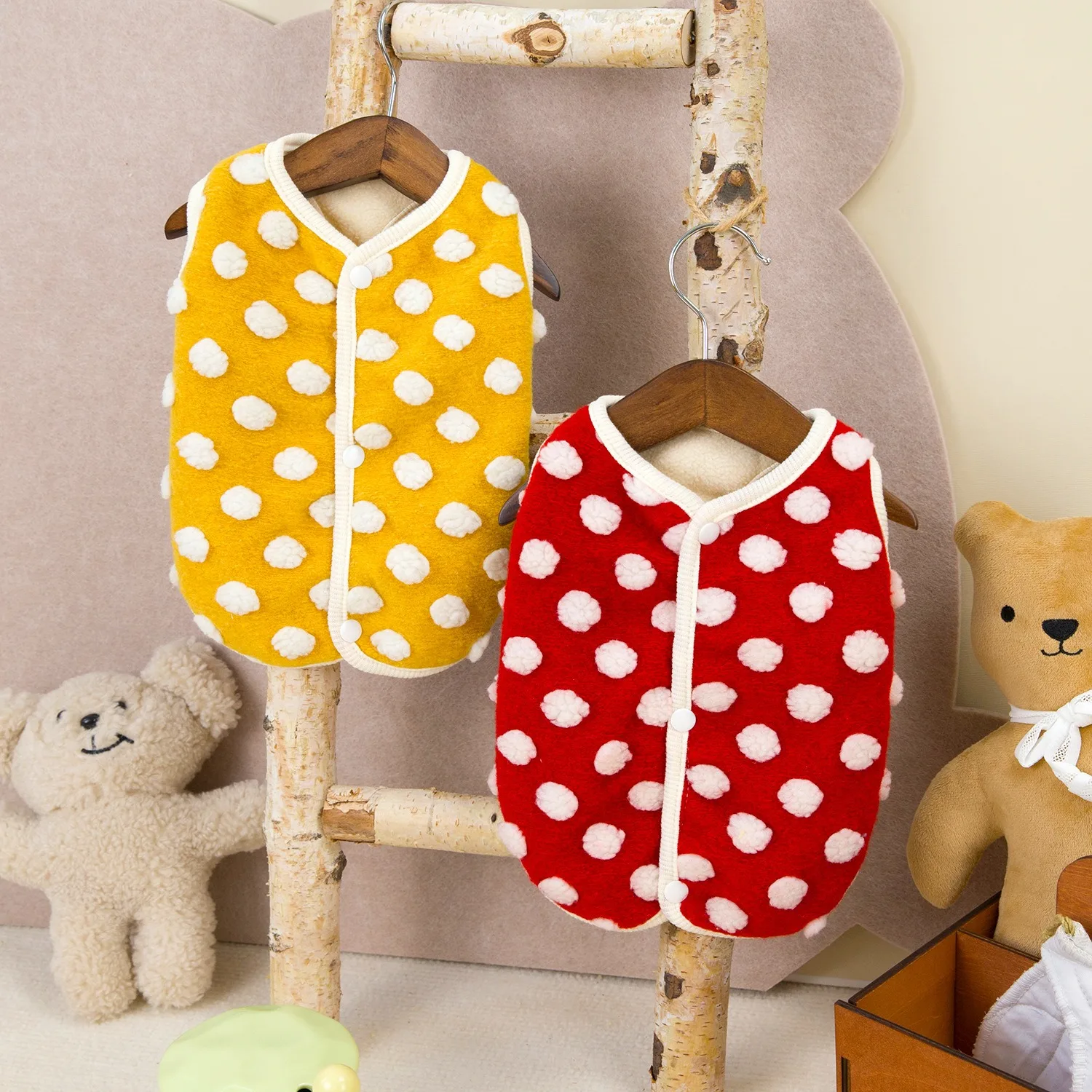 

Cute Polka Dot Pattern Dog Clothes Teddy Soft Vest Puppy Warm Vest Pet Winter Open Button Clothes Dog Products