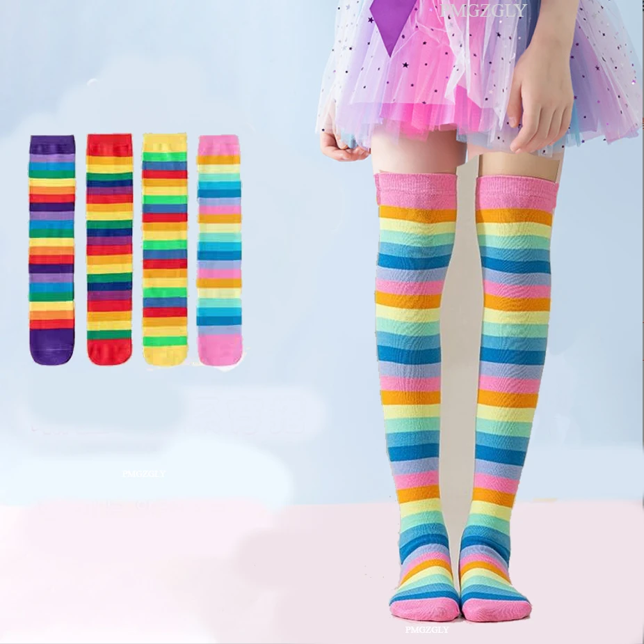 Neu eingetroffen: Regenbogen-Socken für Kinder – Sport-Kniestrümpfe für Mädchen und Jungen, bunt gestreift, aus weicher Baumwolle, hochwertige Kleinkind-Socken, 2-12 Jahre