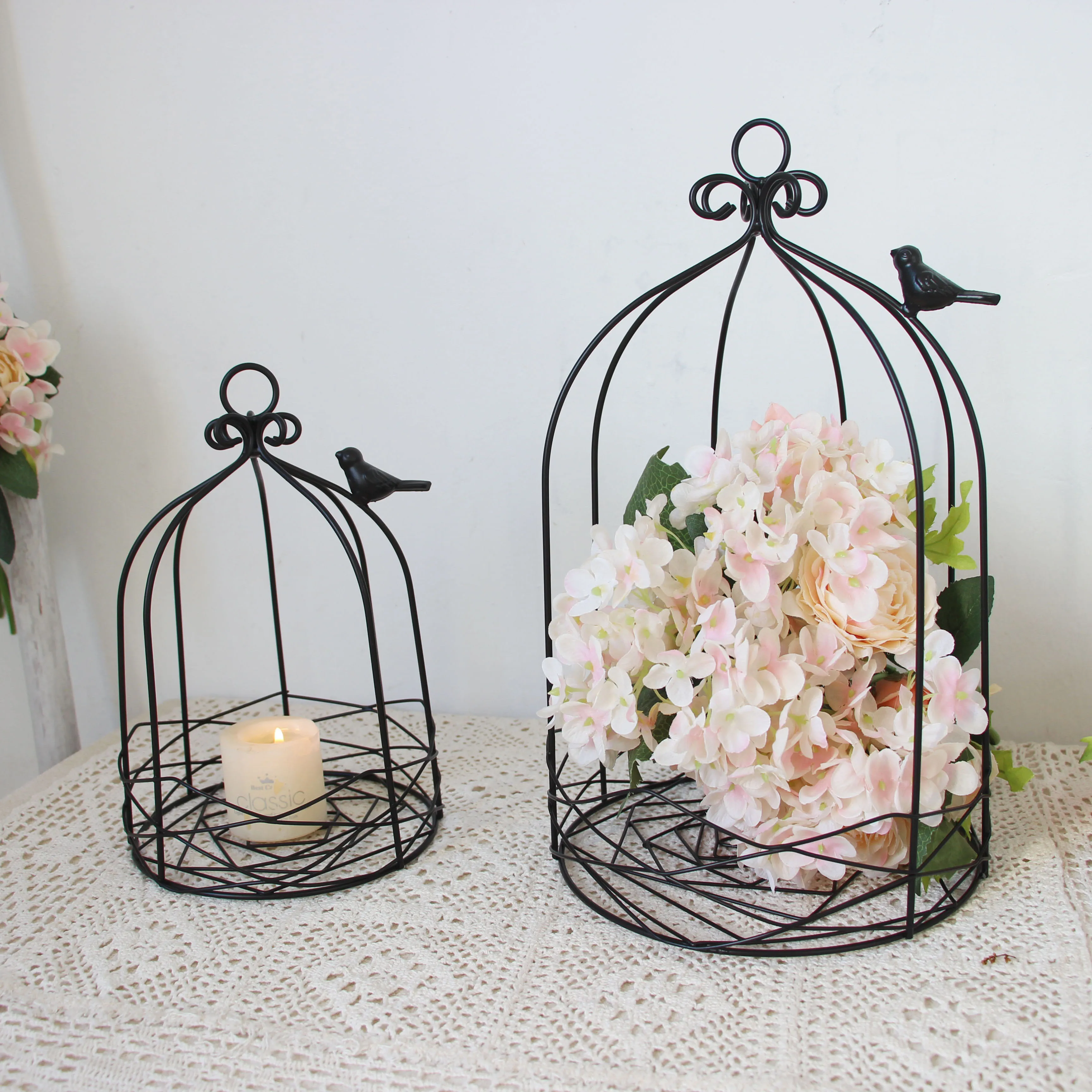 new Outdoor Modern iron garden metal birdcage black line cage with Bird hook decoration hanging flowerpot succulent plants