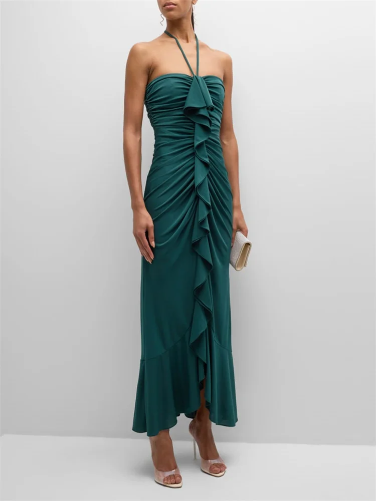 New Arrival Halter Neckline Sleeveless Chiffon Sheath Evening Dress Elegant Open Back Zipper Floor Length Gown For Women 2024