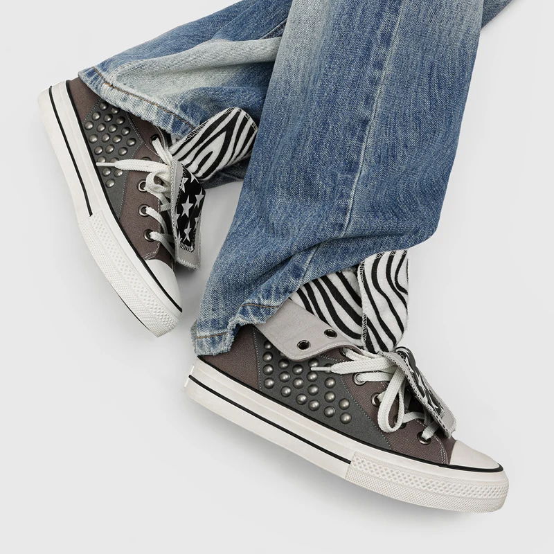 Men High Top Canvas Shoes Striped Flip Ankle Boots Lace Up Thick Soled Casual Skateboarding Shoes Suitable Daily Street Wear