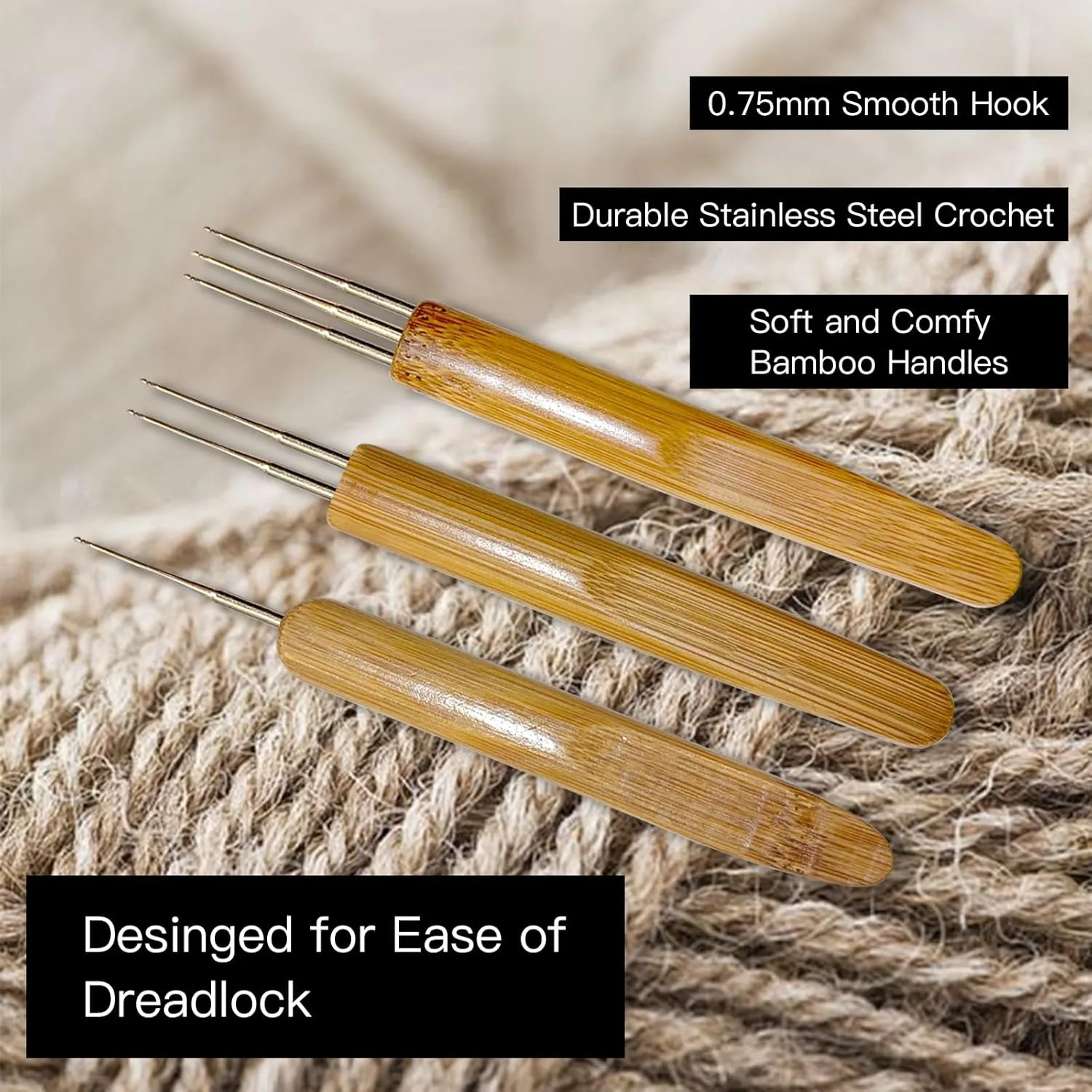 

6 Pcs Bamboo Handle Dreadlock Crochet Hooks for Hair, 0.75mm Braid Craft Needle for Hair Lengthening, Wig Making, Braid Making