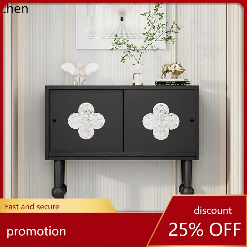 

CZ Ultra-Narrow French Retro Black Hallway End Cabinet Aisle Vintage Style Four-Leaf Clover Decorative Cabinet Entryway Cabinet