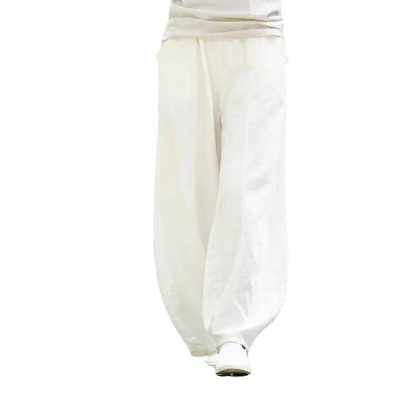 Spring Summer 2023 Cotton Linen Style Bloomers Wide Leg Pants Women Vintage Full Length Elegent Pants Solid Elasitic Waist S-5XL