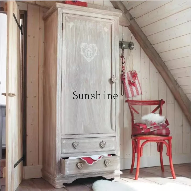 

American solid wood, bedroom antique white old simple single door storage carved children's wardrobe