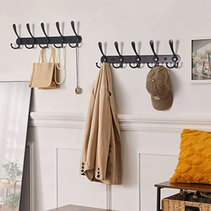 Wall Mounted Coat Rack with 5 Tri Hooks for Heavy Duty Use in Mudroom Bathroom Entryway Stainless Steel Metal Hook Rail for Coa
