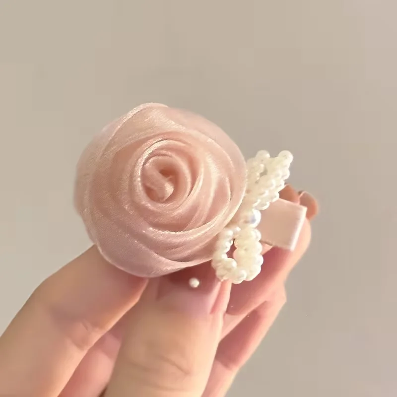 1 Stück/2 Stück Rosa Rosen-Haarspangen mit Imitationsperlen und Schleife, Geeignet für Frauen, Süße Atmosphäre Pony-Seitenclip Entenschnabel-Haaraccessoire – Detail 4