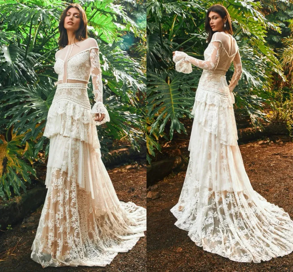 Ivory Champagne Beach Lace Wedding Dresses Hippie Long Sleeve Fit and Flare Semi Transparent Dotted Tulle Bridal Gowns