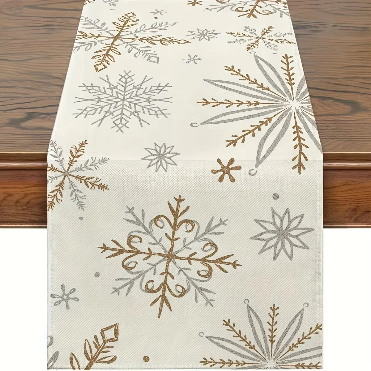 Winter Table Runner Snowflake Design, White and Gold Christmas Table Decor for Holiday Dining, Festive Winter Party Tabletop
