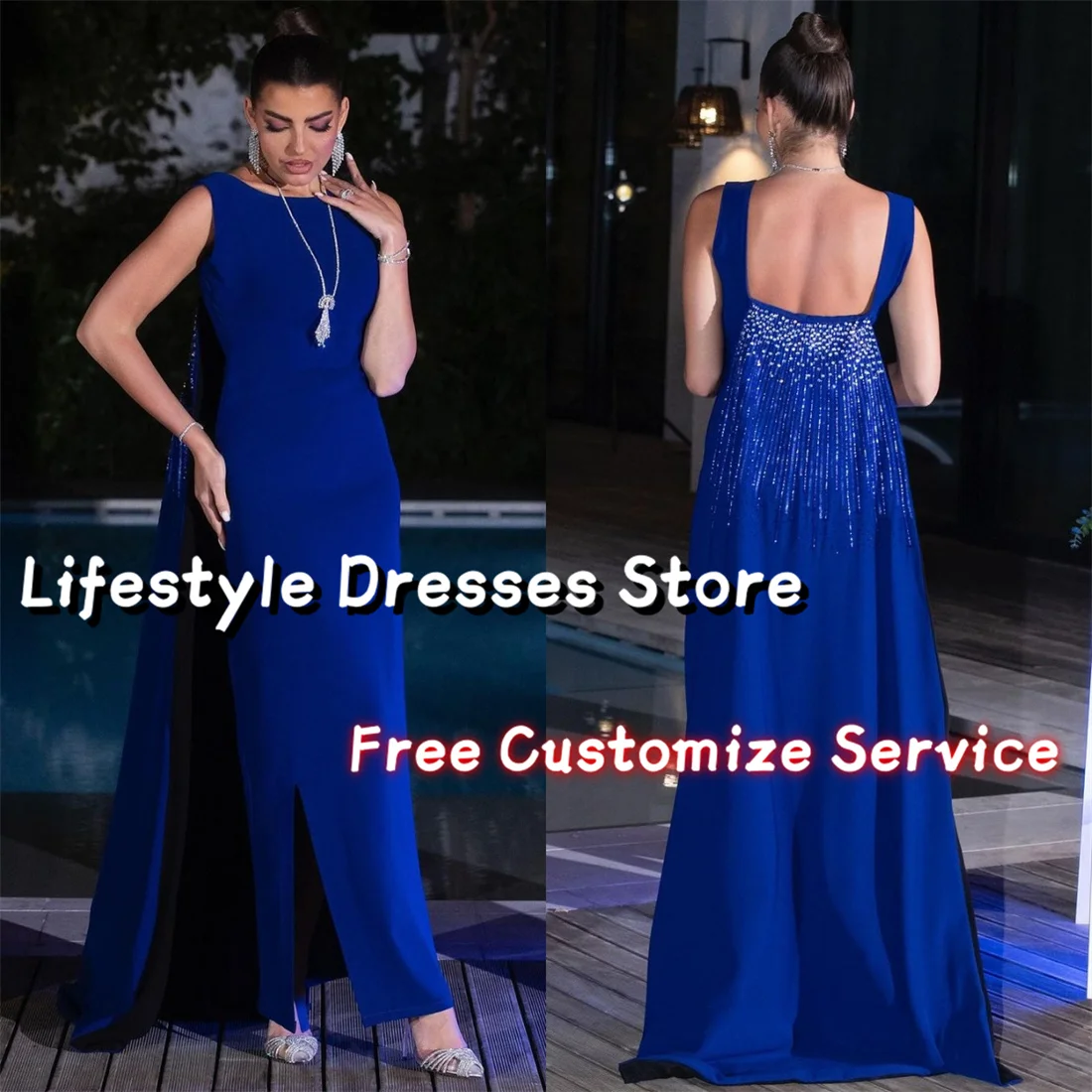 

Backless Shiny Beads Train Blue Prom Dresses Crepe Sleeveless Luxury Evening Dress Wedding Guest Arabia Party Gown