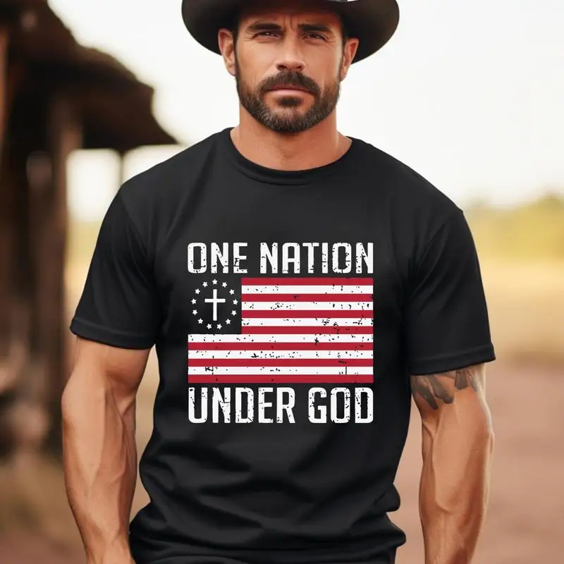 

Футболка One Nation Under God с христианским американским флагом, патриотическая 4 июля, вера, звезды, полосы