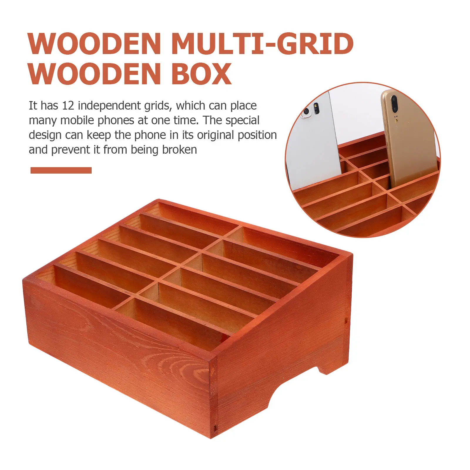 12-Grid Desktop Phone Storage Box Made of Solid Natural Wood Temporary Classroom Office Organizer Phone Display Holder Case