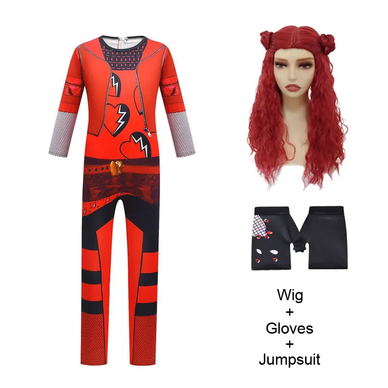 

Halloween Costume For Descendants 4 Girl Cosplay Jumpsuit The Rise of Red Child Print Romper+Wig+Gloves 3pc Set Kid Kit Cloth