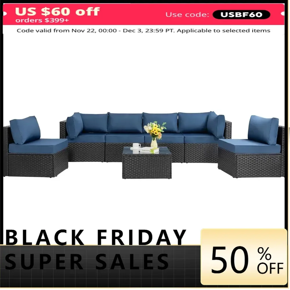 7Pieces Outdoor Patio Sectional Sofa Couch, Black Wicker Furniture Conversation Sets with Washable Cushions & Glass Coffee Table