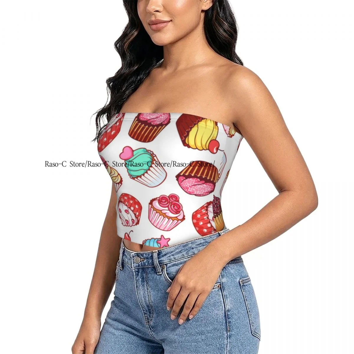 Women's strapless halter top Cupcakes Background summer sexy short-sleeved top