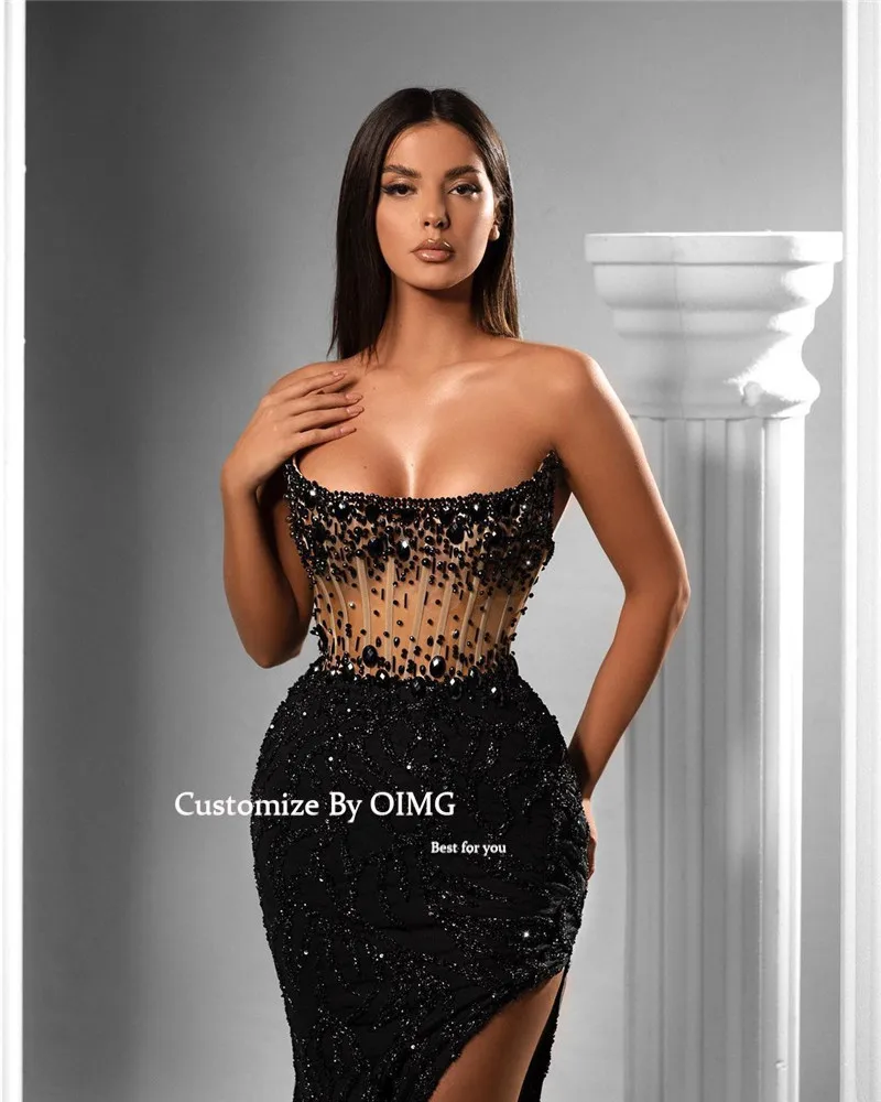 OIMG Sparkly Black Lace Mermaid Evening Dresses Strapless Diamond Beads Split Dubai Women Prom Gowns Formal  Occasion Dress