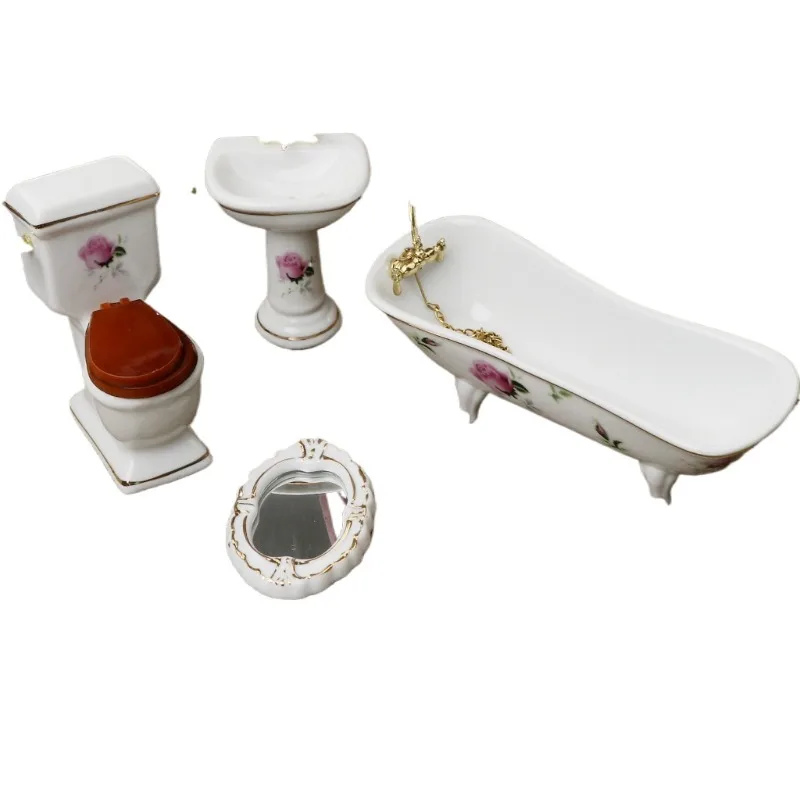 1/12 Dollhouse Mini Furniture Ceramic Bathroom Set Toilet Bathtub Dolls Kids Role Play Toys Gift Dollhouse view 4