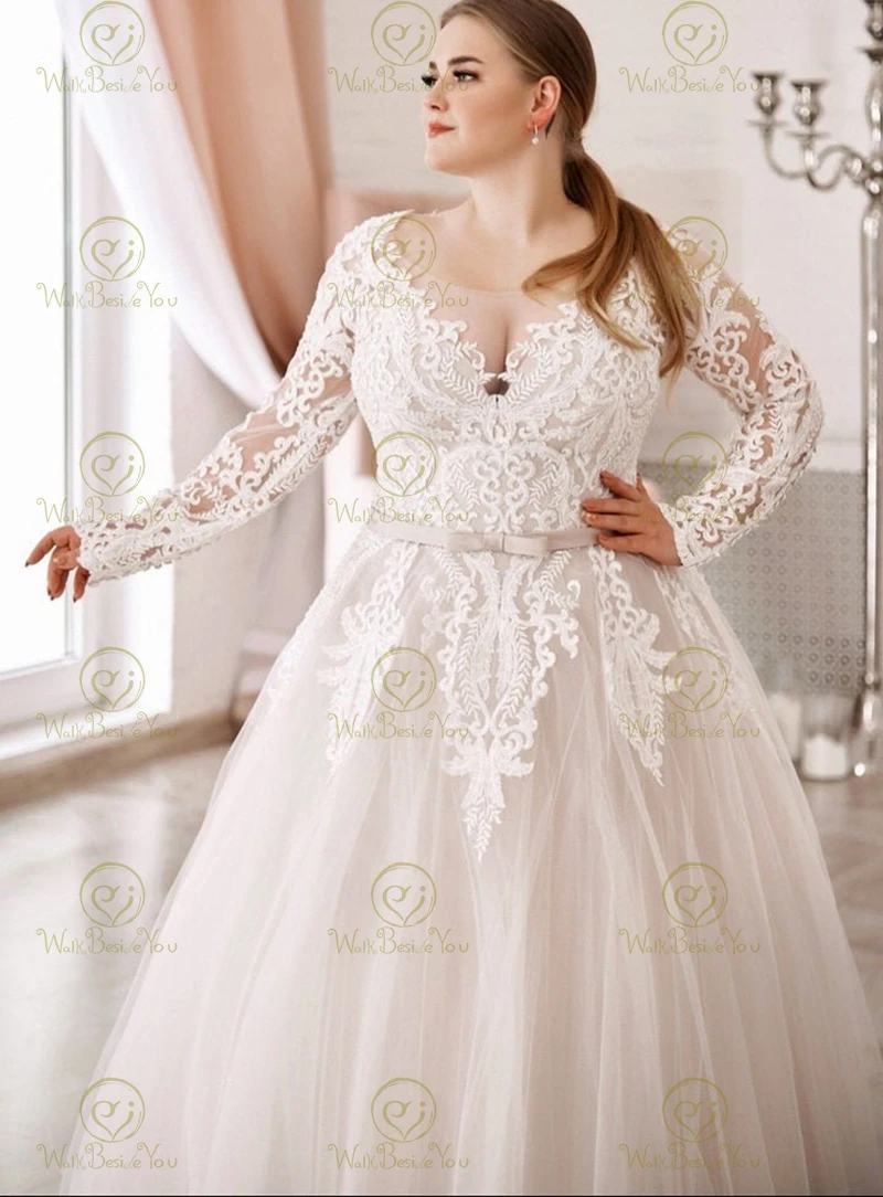 Ivoor-Champagne Trouwjurken Plus Size 2024 Volledige Mouwen Lange Vloer Lengte Kant Applique Tule Bruid Jurk Elegante Baljurk