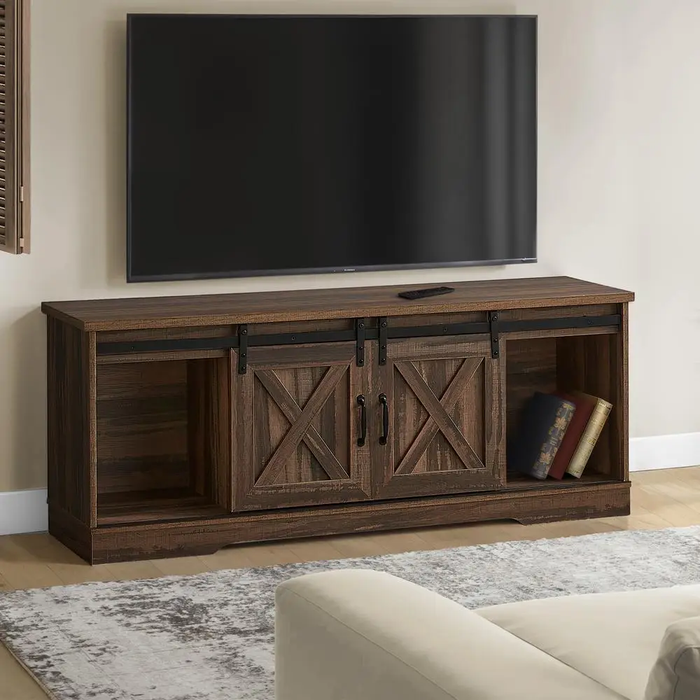 60 Inch TV Stand Media Console with Barn Doors Farmhouse Entertainment Center Brown Laminate Storage Cabinet