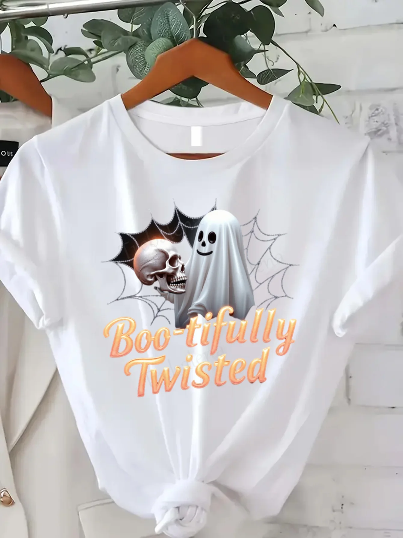 

Футболка с круглым вырезом Boo-tifully Twisted Хэллоуин Футболка с призраком и черепом для женщин Футболка больших размеров с короткими рукавами Модный повседневный топ