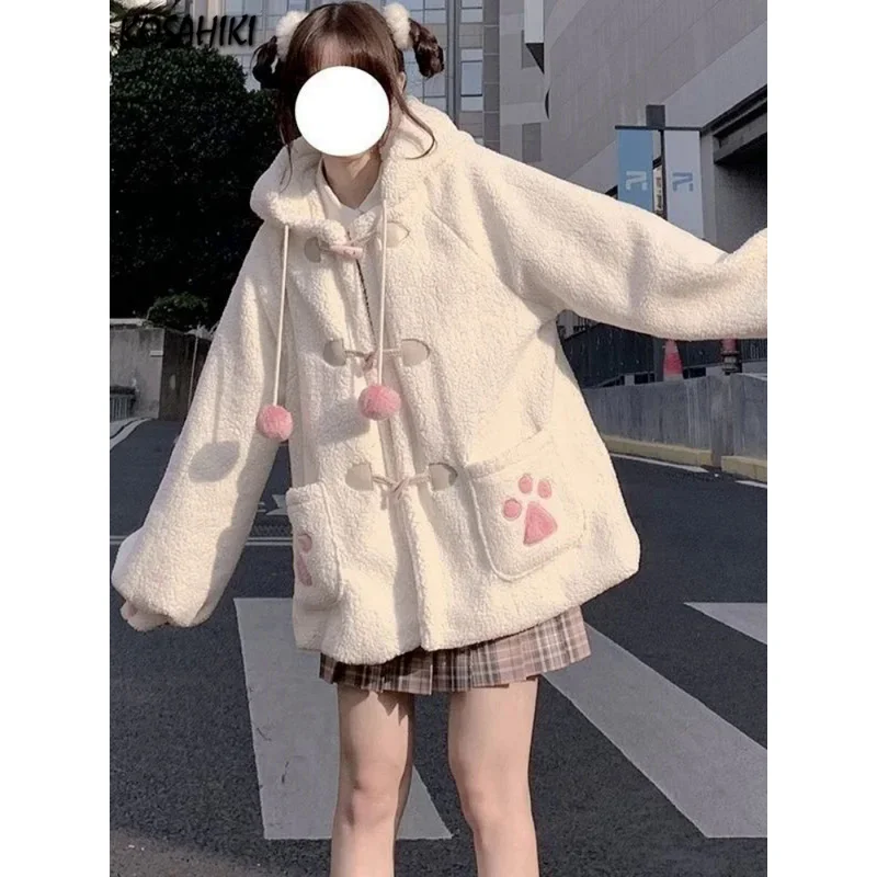 KOSAHIKI Japanese Style Autumn Winter Women Sweet Lamb Wool Jacket Kawaii Soft Bear Ears Hooded Coats Girls New Cute Outwear