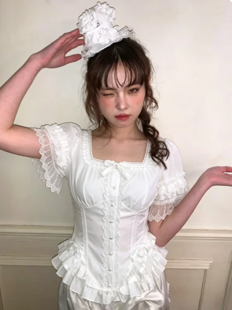 

Women Y2K Vintage Lolita Tops Elegant Square Neck Lace Semi Flare Sleeve Sweet Button Down Fashion Blouse for Daily Outdoor Wear