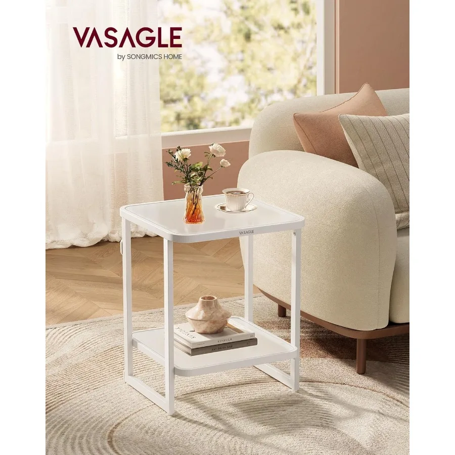 طاولة جانبية من طبقتين مع أضواء LED مدمجة، منضدة مربعة حديثة تتميز بسطح زجاجي بلوري ومعرف سفلي قابل للتعديل