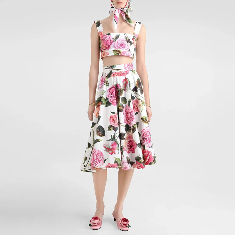 

Atmospheric Fresh Sweet 2025Summer New Pink and White Floral Vest+Large Hemline Two-Piece Skirt Set