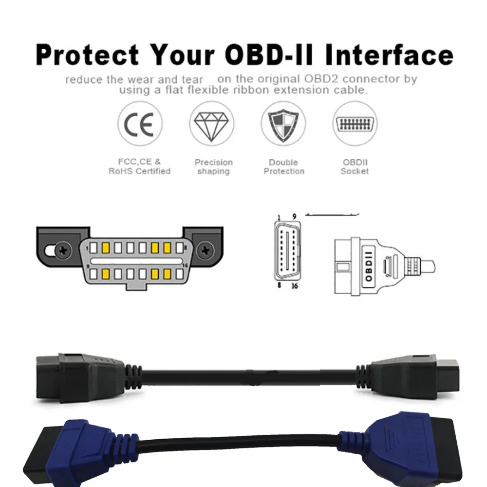 Universal Female OBD 2 OBD II car Extension cable 24cm 16pin Male To 16 Pin Female obd2 car extend cable for car tool