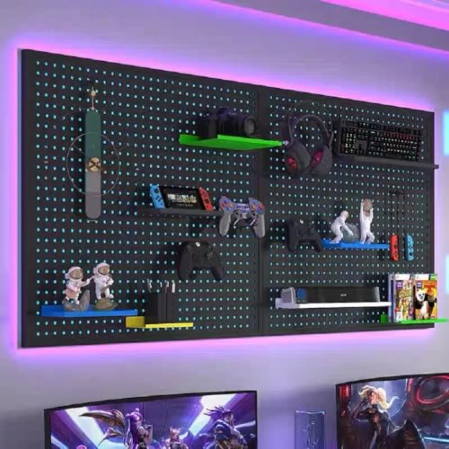 RGB Gaming Wall Organizer Peg Board with RGB LED Strip Lights, 2PCS Metal Gamer Wall Decor Peg Board with Hooks, DIY Gaming Set