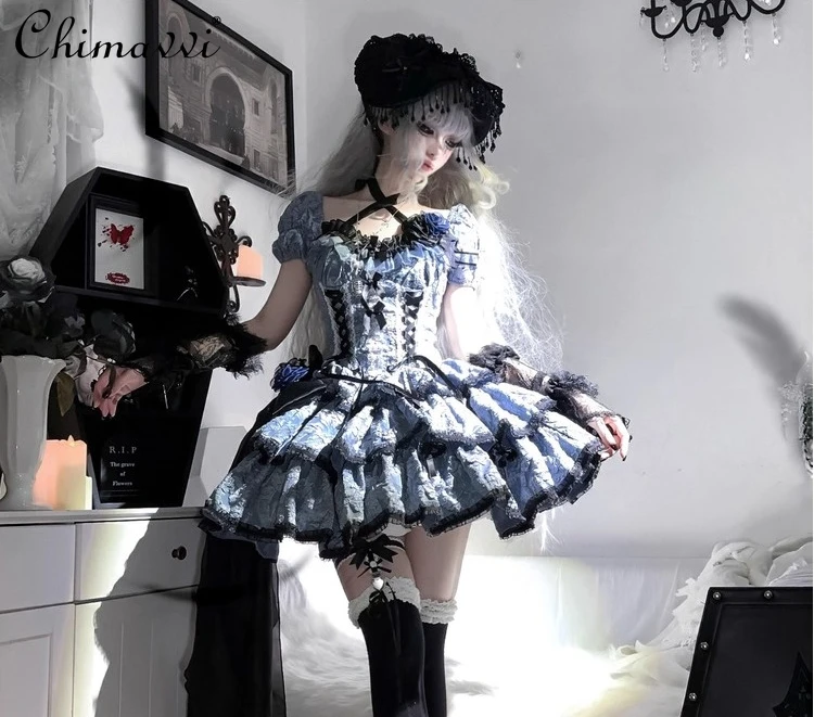 Robe Lolita gothique foncée OP originale, princesse douce et Cool pour fille, manches courtes, fête d'anniversaire, robe trois pièces, printemps été