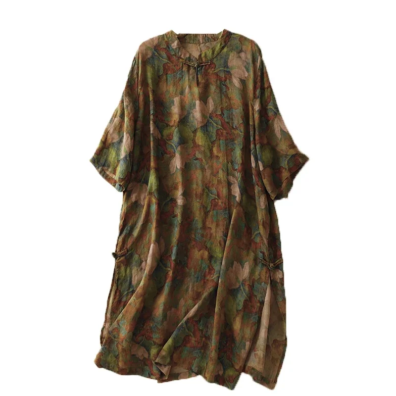 Cotton Linen Women's Clothing 2024 Summer New Ramie Print Vintage Stand Collar Half Sleeve Loose Casual Shirt Dress R321