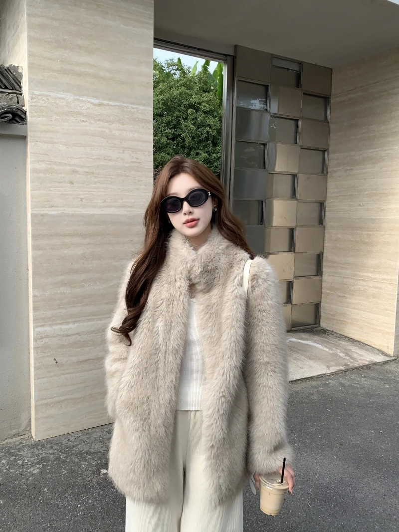 

Reatic Fur Jaet Women's Mid-Length Stand Collar Faux Fur Coat Eco-friendly 2025 Winter Thiened Long Sve Korean ...