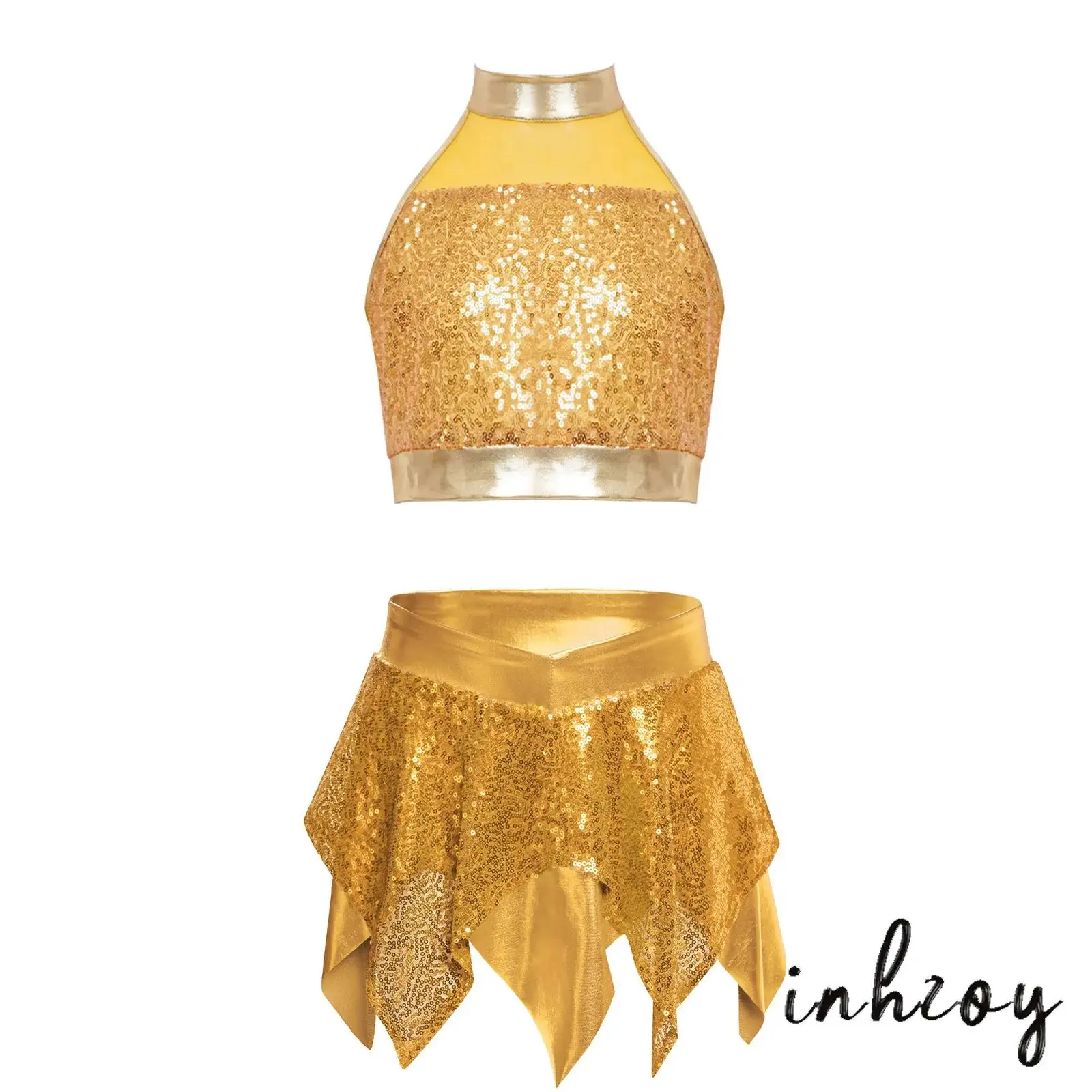 

2 Pcs Kids Jazz Dance Costume Sleeveless Sparkly Sequins Crop Top with Metallic Skirt Girls School Stage Cheerleading Outfits