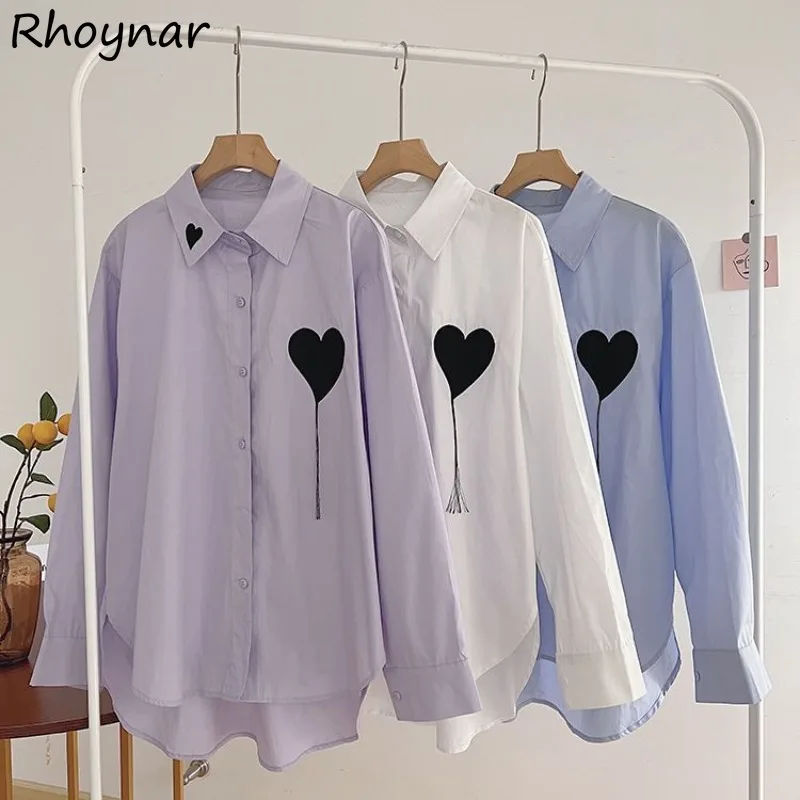 Long Sleeve Shirts Women Korean Style Minimalist Heart Print Embroidery Preppy Aesthetics Camisas Fashion Clothing 3-Colors Ins