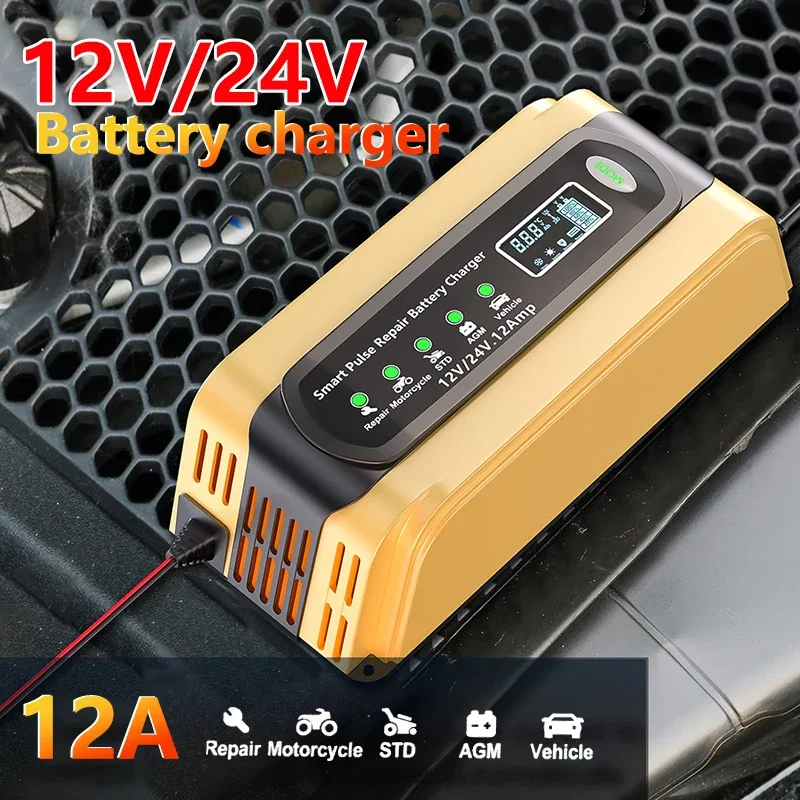 12V 24V 12A 10A 6A Battery Charger Smart Fast Charging for Car Batteries 7-Stage Charge Pulse Repair for AGM GEL WET Lead Acid