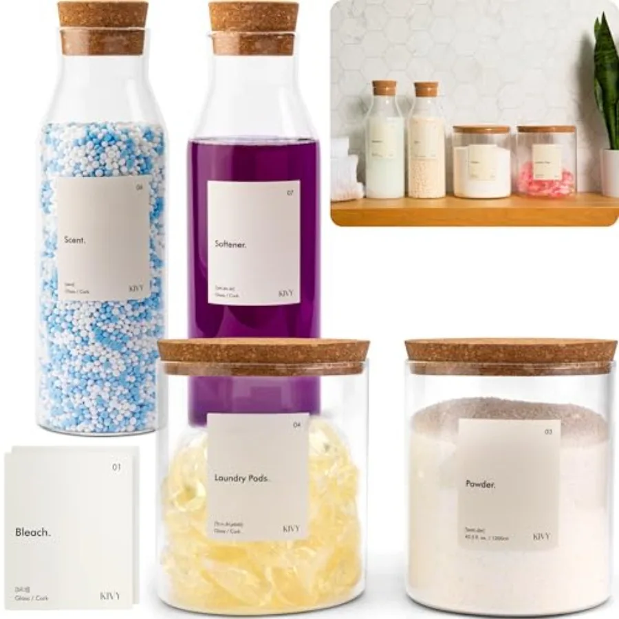 

Стеклянный контейнер-дозатор для моющего средства [с этикетками] – Большие стеклянные банки для организации и декора прачечной – Дозатор для стирального порошка