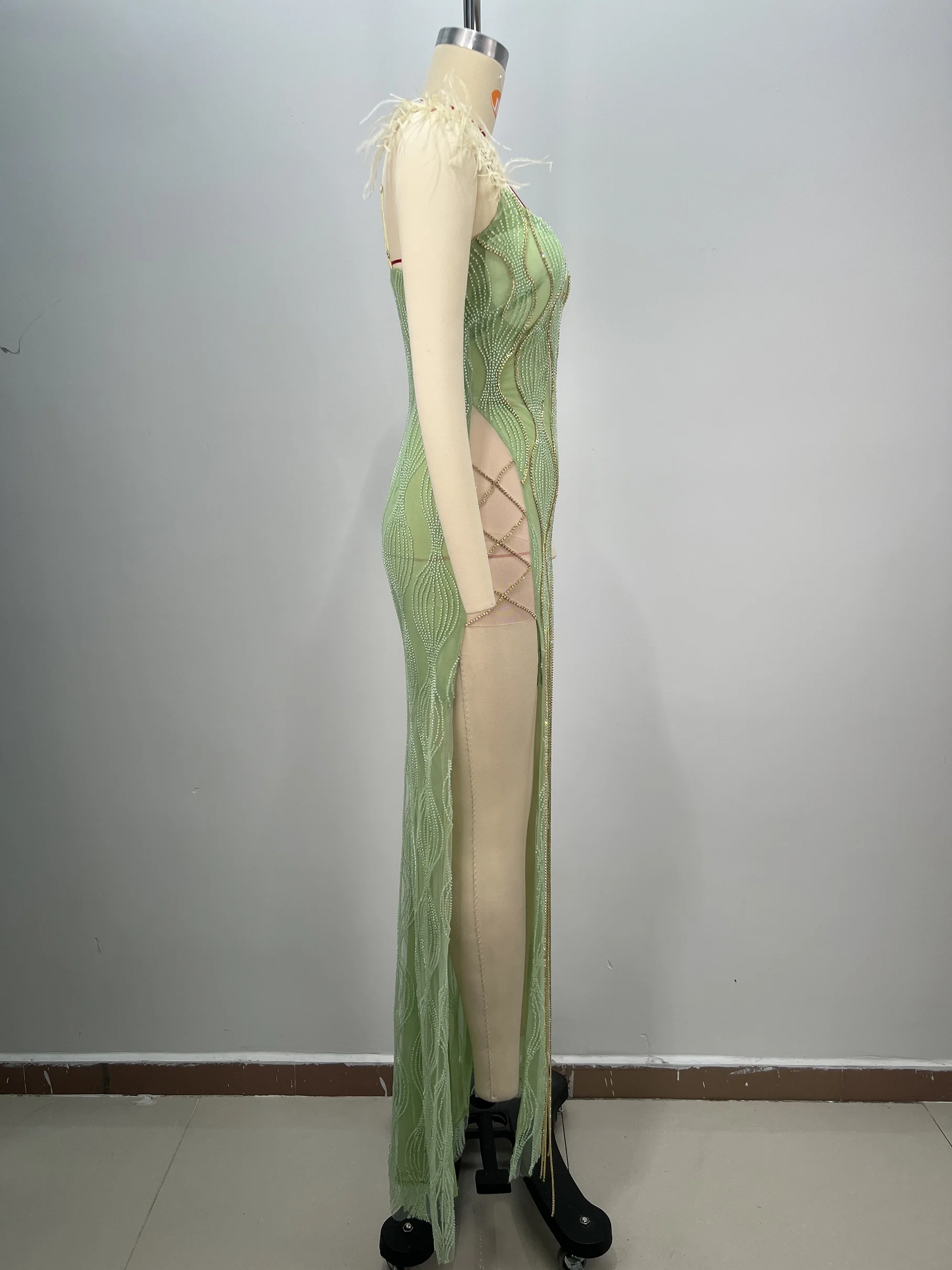 Women's Sage Green Sequin Bandage Dress Feather Trim Deep V Neck High Slit Mermaid Evening Gown Formal Party Wear