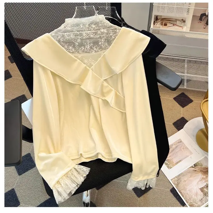

Ele Lace Patchwork Velvet irt Women's Loose Long Sve Autumn Winter Faion f High Collar Top French Sle Blouse