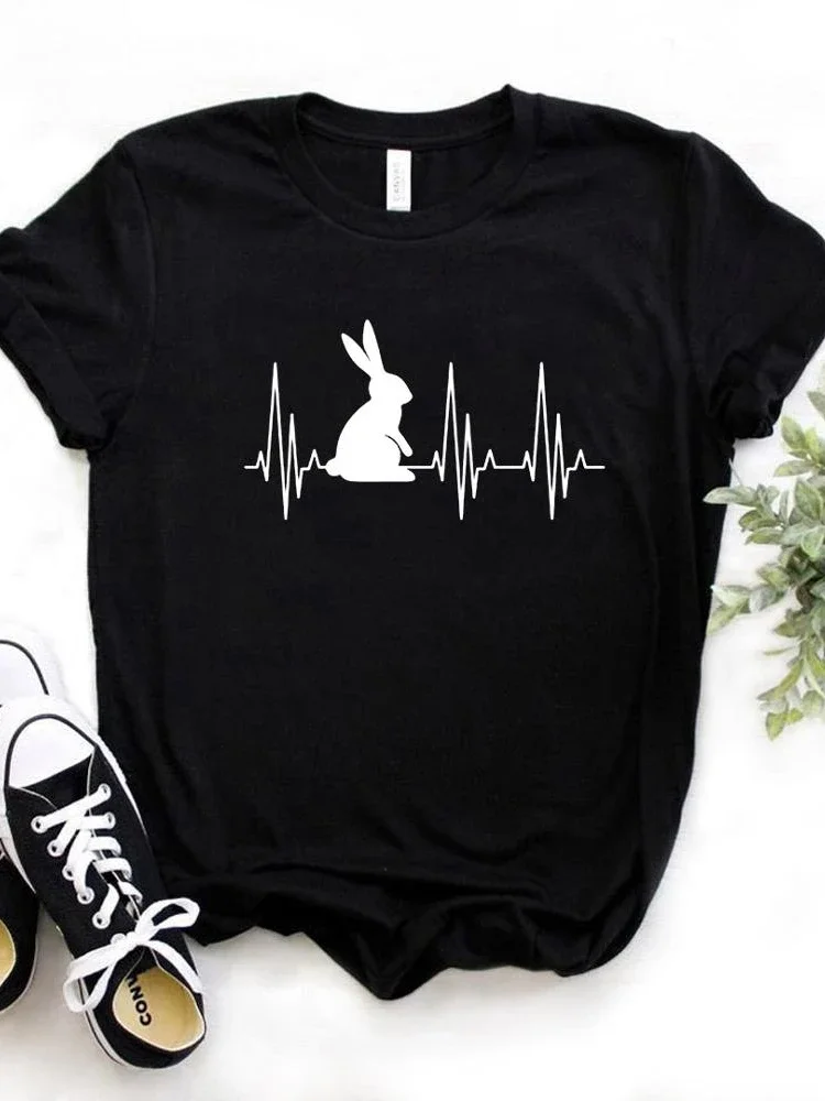 

Women T Shirt Bunny Heartbeat Rabbit Print Tshirt Women Short Sleeve O Neck Loose T-shirt Ladies Causal Tee Shirt Tops Graphic
