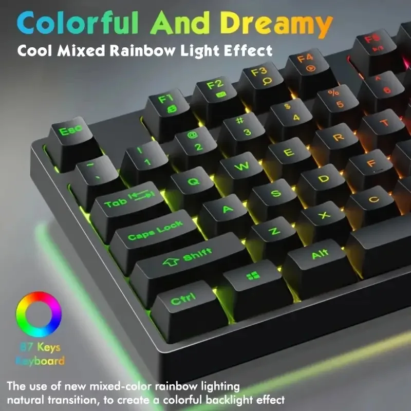 Rainbow Backlit Mechanical Feel Gaming Keyboard, 87-Key Wired Gaming Keyboard with Mute Button, USB Plug and Play