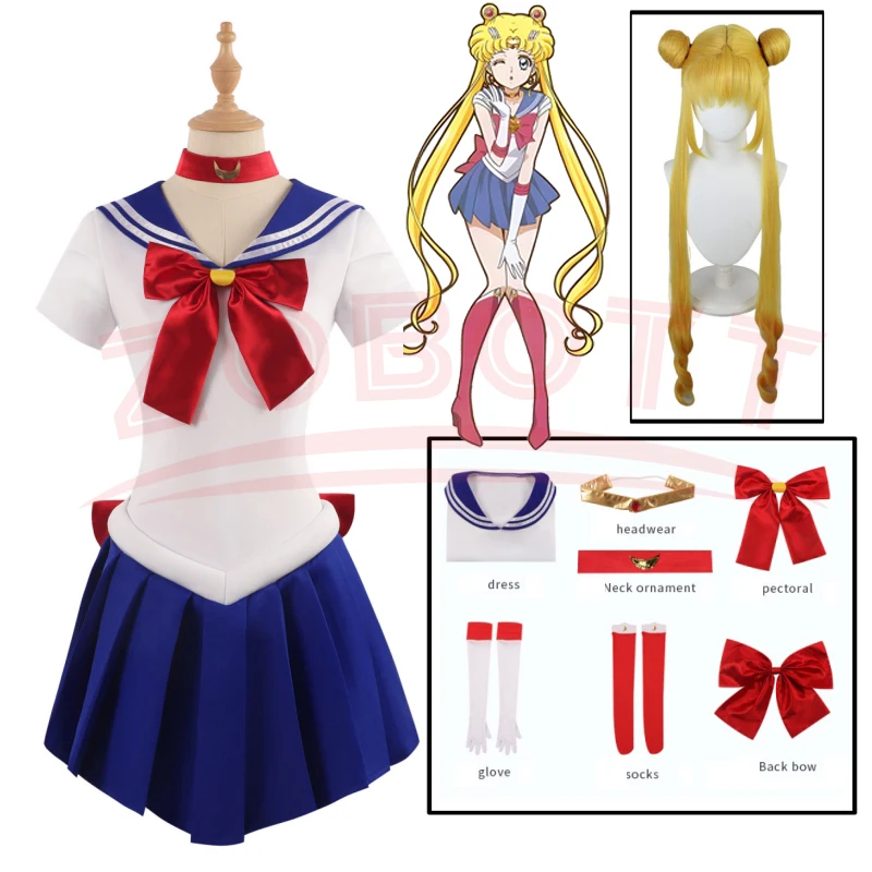 

Anime Women's Sailor Tsukino Usagi Adult Cosplay Costume 7 Pcs Set Crystal Sailor Suit Dress Wig Props Uniform Outfit Halloween