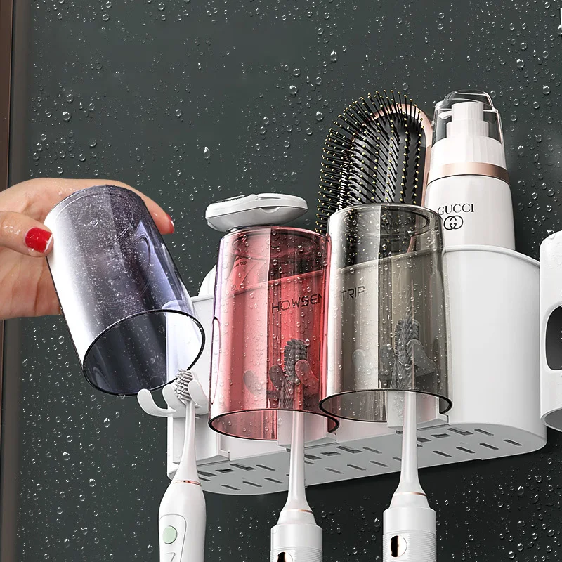 Non Perforated Toothbrush Cup Wall Mounted Multifunctional Home Bathroom Set For Storing Toothbrush Cup Shelves