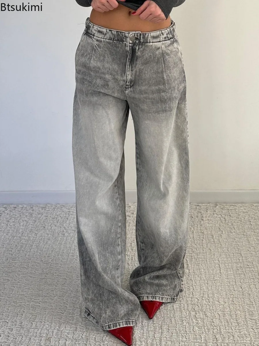 

2025 Woman's Jeans Grey Harajuku Wide Leg Jeans Casual Goth Low-rise Pants Straight Streetwear Baggy Female Y2K Denim Trouser