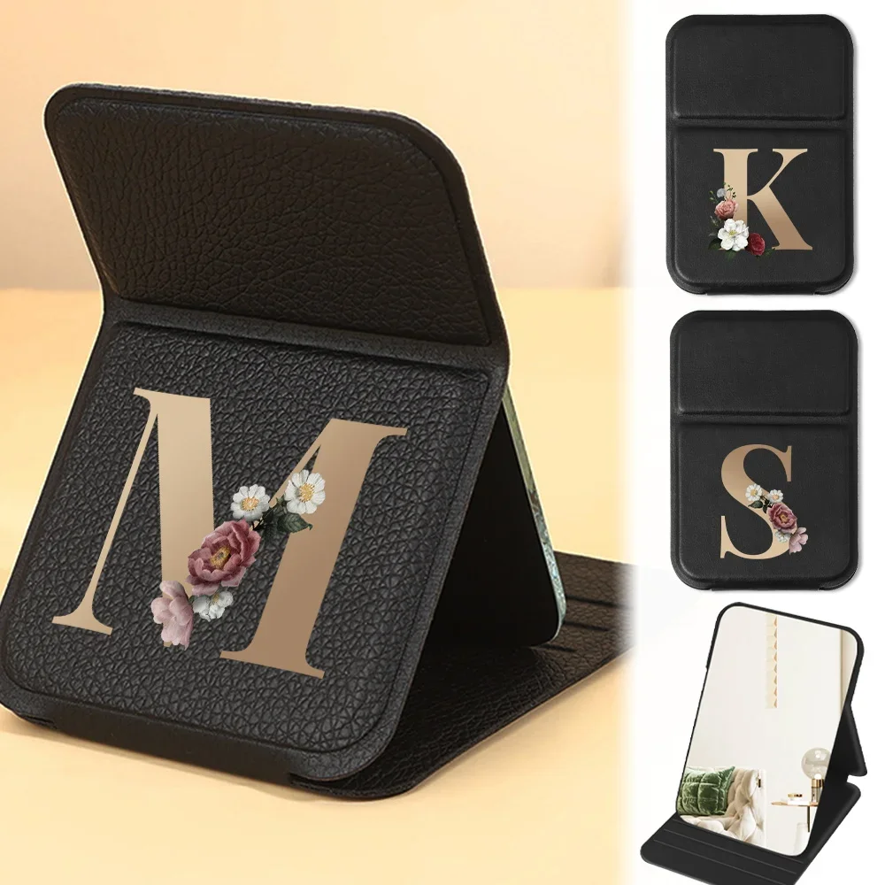 Miroir de courtoisie pliable portable, couverture en cuir PU, anti-poussière, miroir de maquillage pour sac à main, miroir cosmétique de poche, motif de lettres dorées amusantes