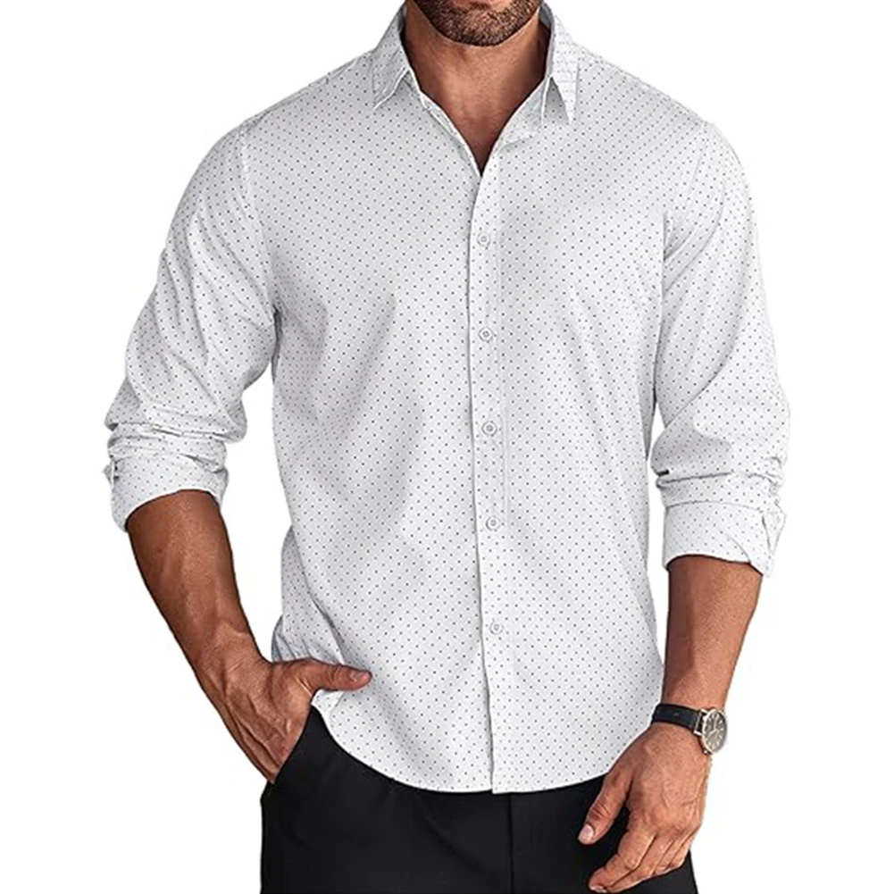 Mens Shirt For All Seasons Formal Lapel Long Sleeve Polka Dots Polyester Regular Shirt Band Collar Button Down