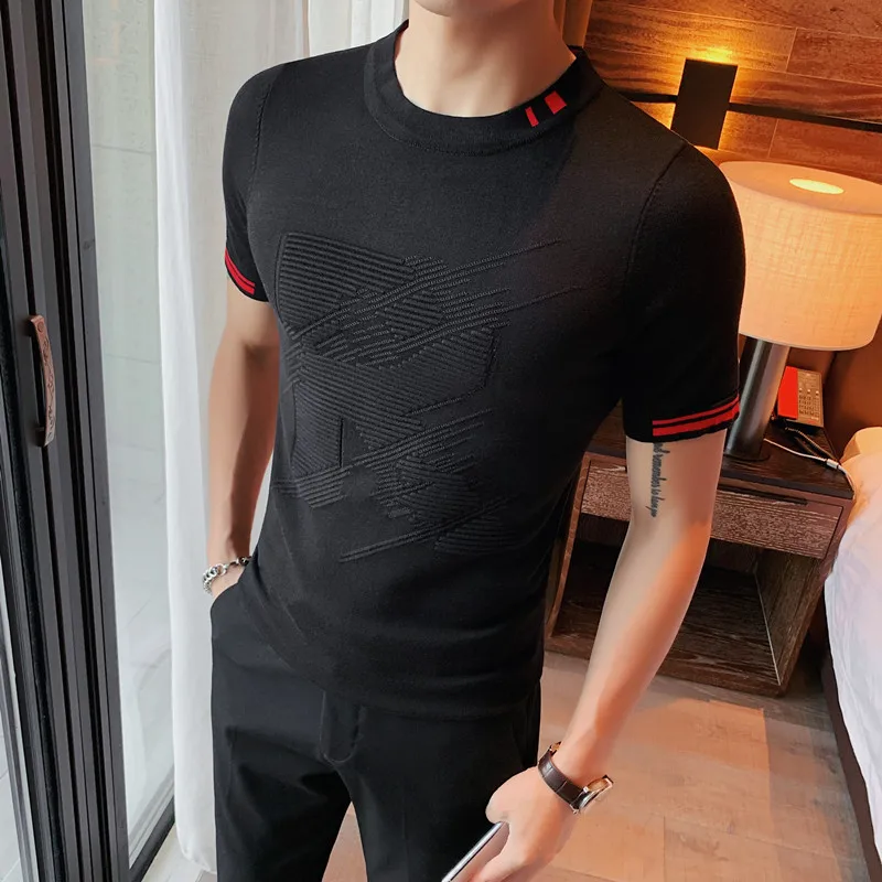 2023 New Men's Premium Short Sleeve Knit Sweater Male Slim Fit Business casual knitted sweater/Male Fashion Knit Shirt S-4XL