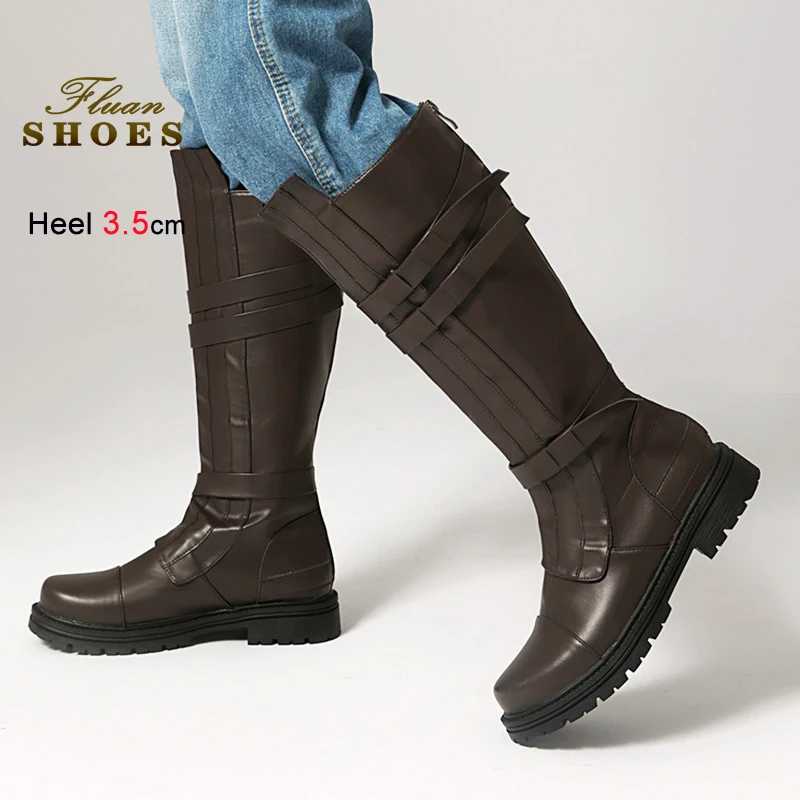 

Women's Round Toe Knight Boots 3.5CM High Heels Plus Size Belt Buckle Long Tall Boots Not Over Knee Unisex Fashion Winter Shoes