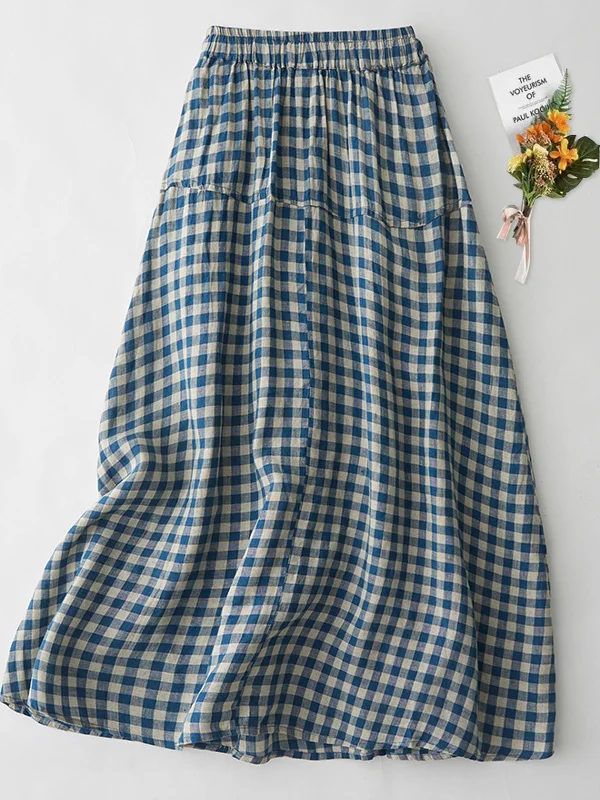 

Artistic Half-length Plaid Skirt with Drawstring Elastic Waist for Women Spring 2025 Commute Style High Waist Long Dress