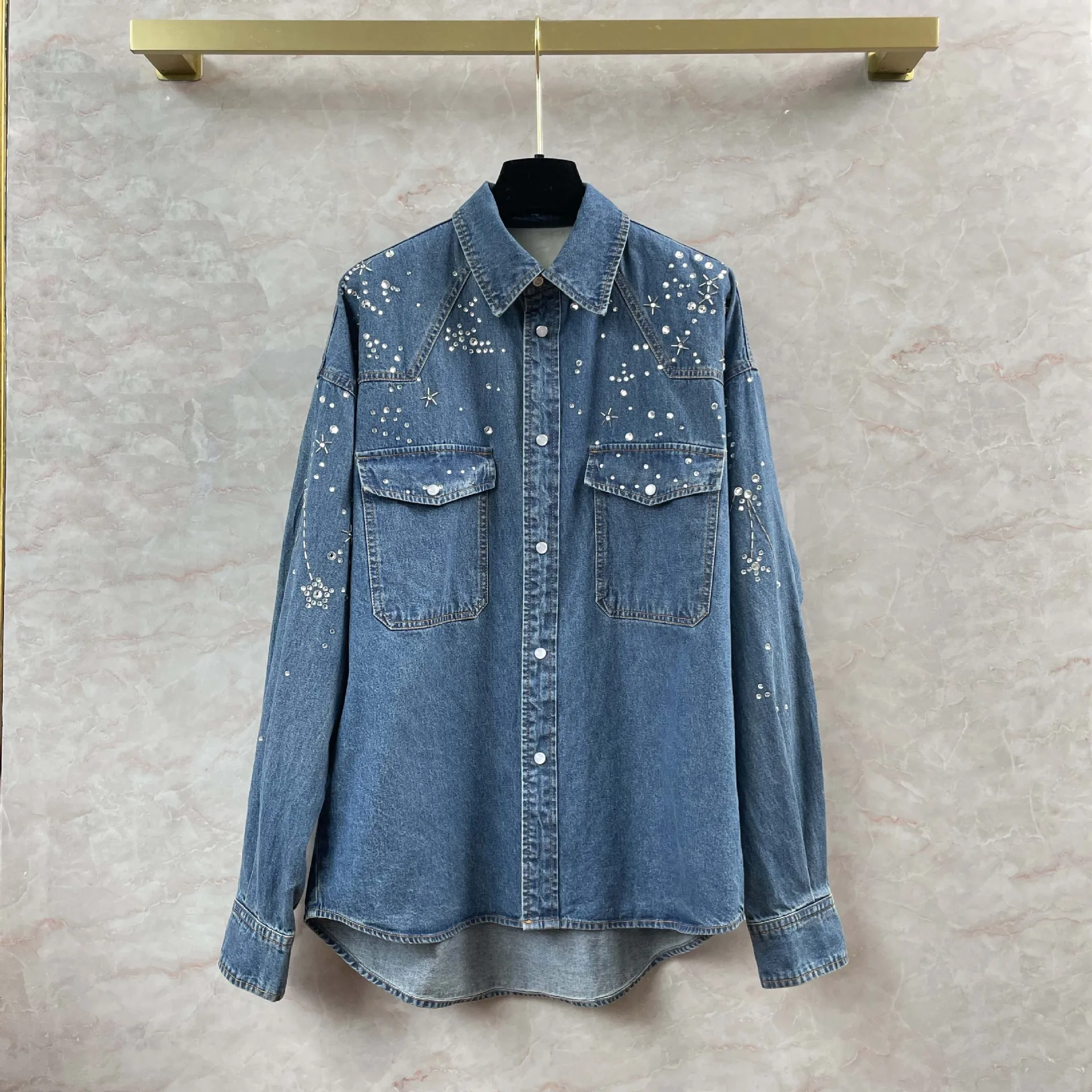 

24High Quality Heavy Industry Handmade Diamond Wearing Craft Denim Shirts for Men and Women Loose and Slimming Shirt Coat Trendy